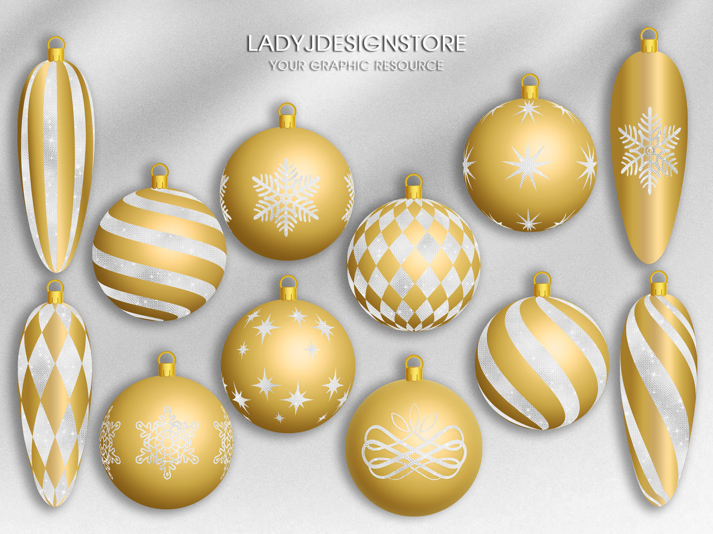 Gold and White Christmas Ornaments Clipart | Elegant Gold Baubles PNG | Digital Christmas Decorations