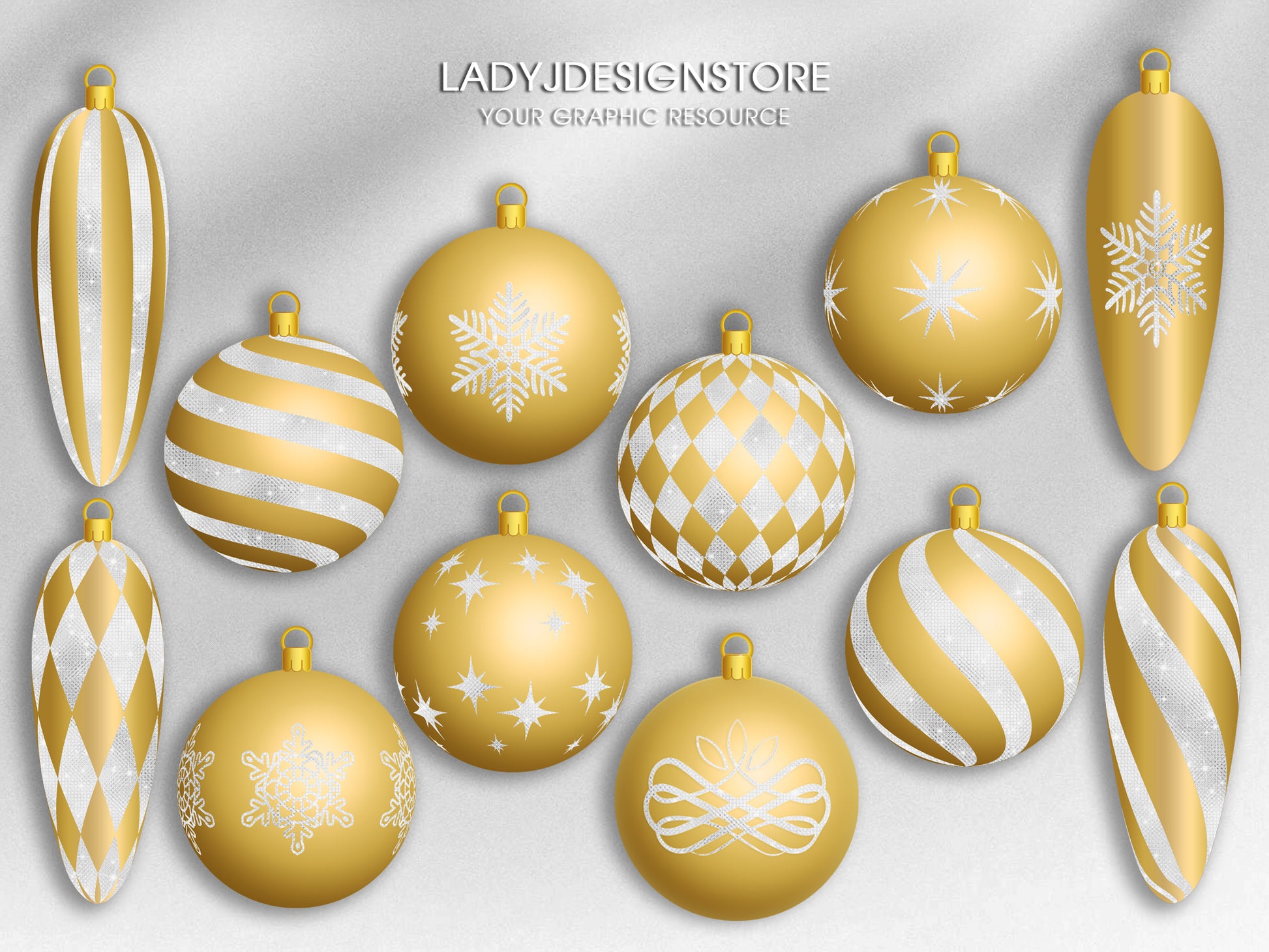 Gold and White Christmas Ornaments Clipart | Elegant Gold Baubles PNG | Digital Christmas Decorations