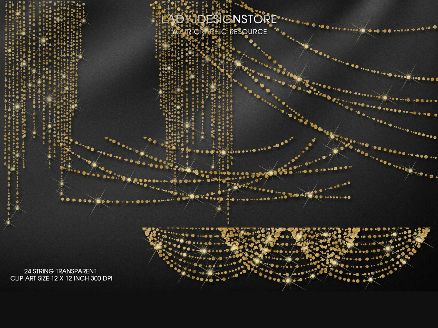 Gold Glitter String Fairy Lights Overlay PNG