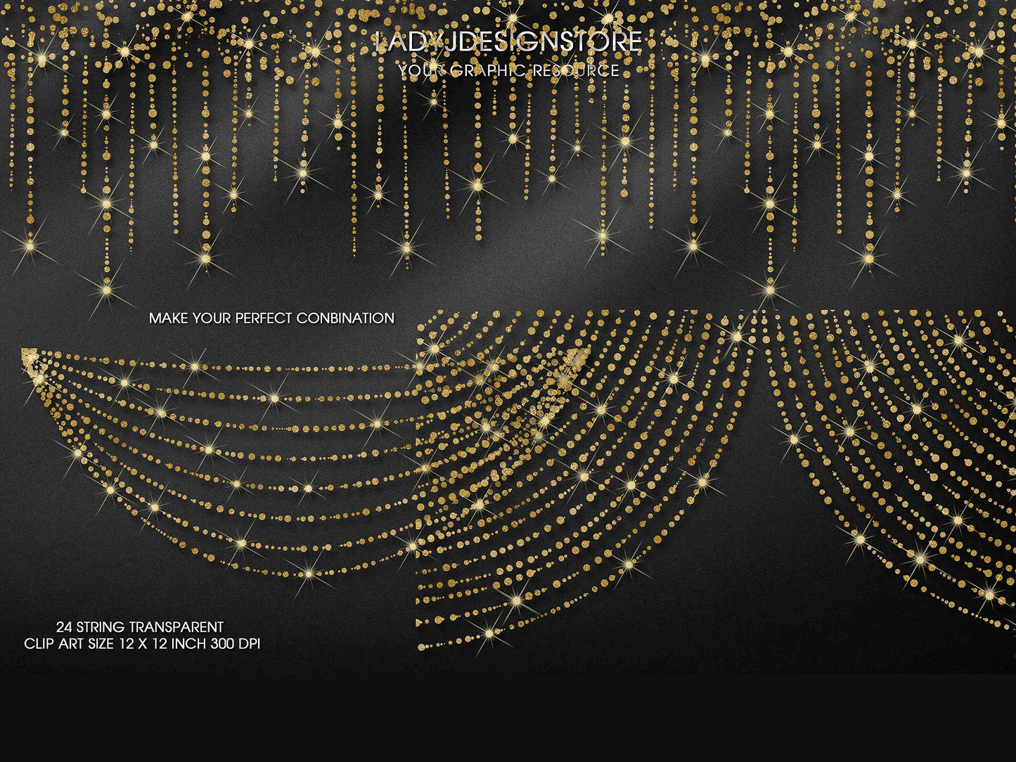 Gold Glitter String Fairy Lights Overlay PNG