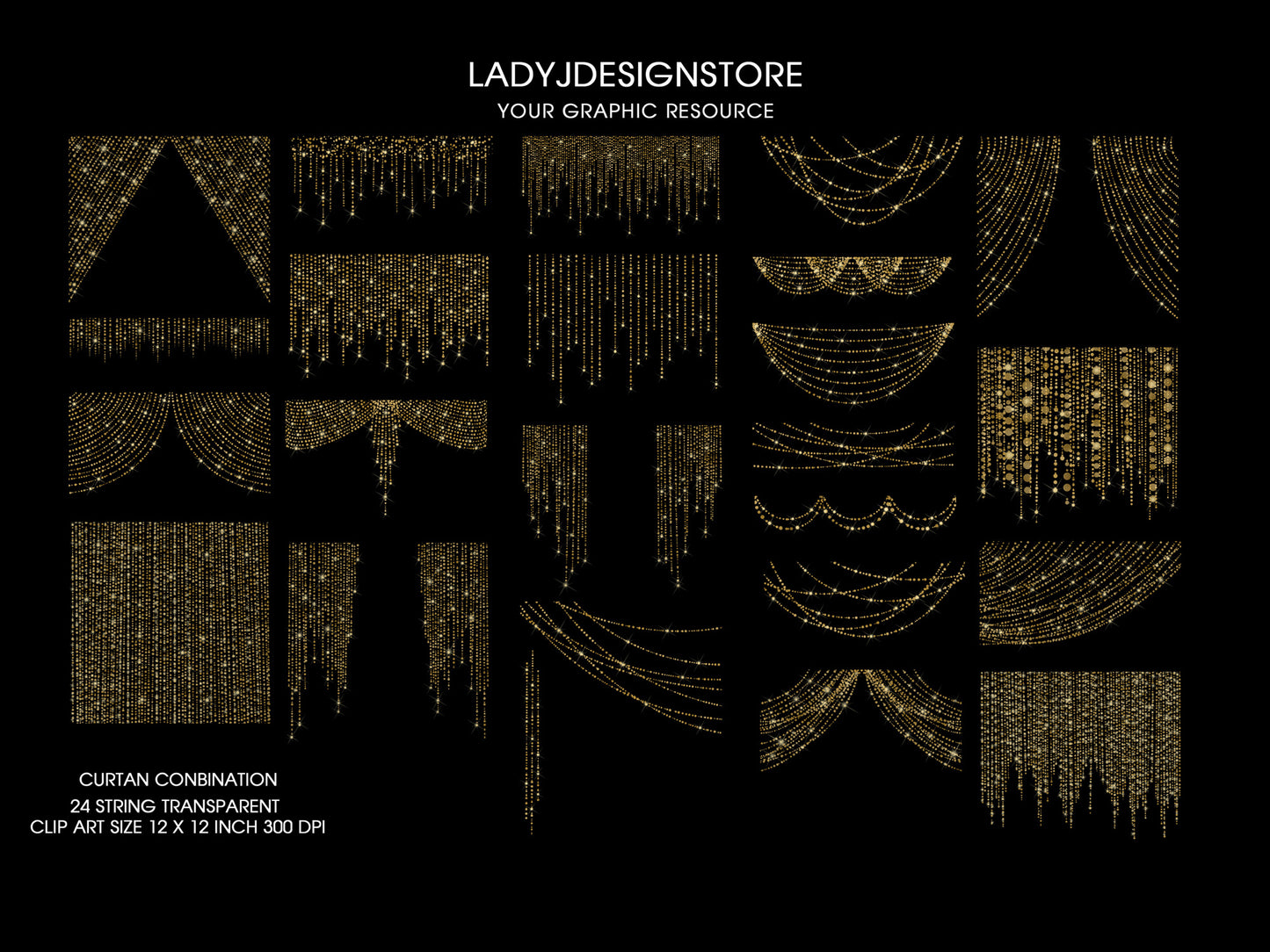 Gold Glitter String Fairy Lights Overlay PNG
