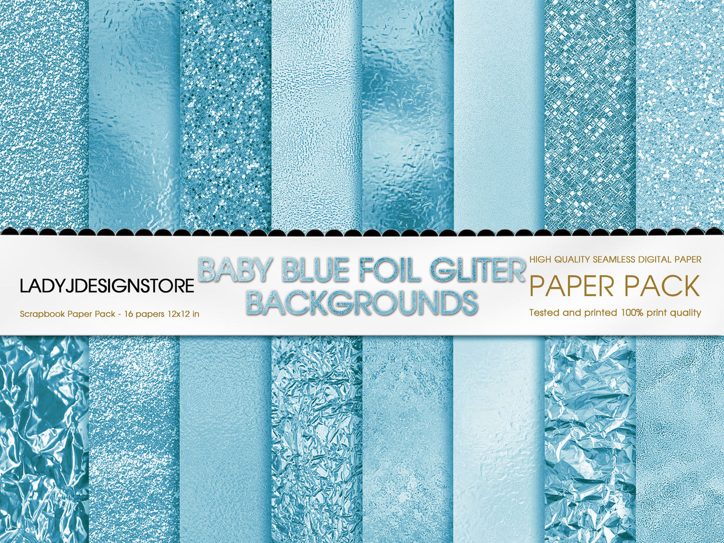 Foil Glitter Digital Paper Bundle 224 Baby Blue Seamless Digital Papers Pack