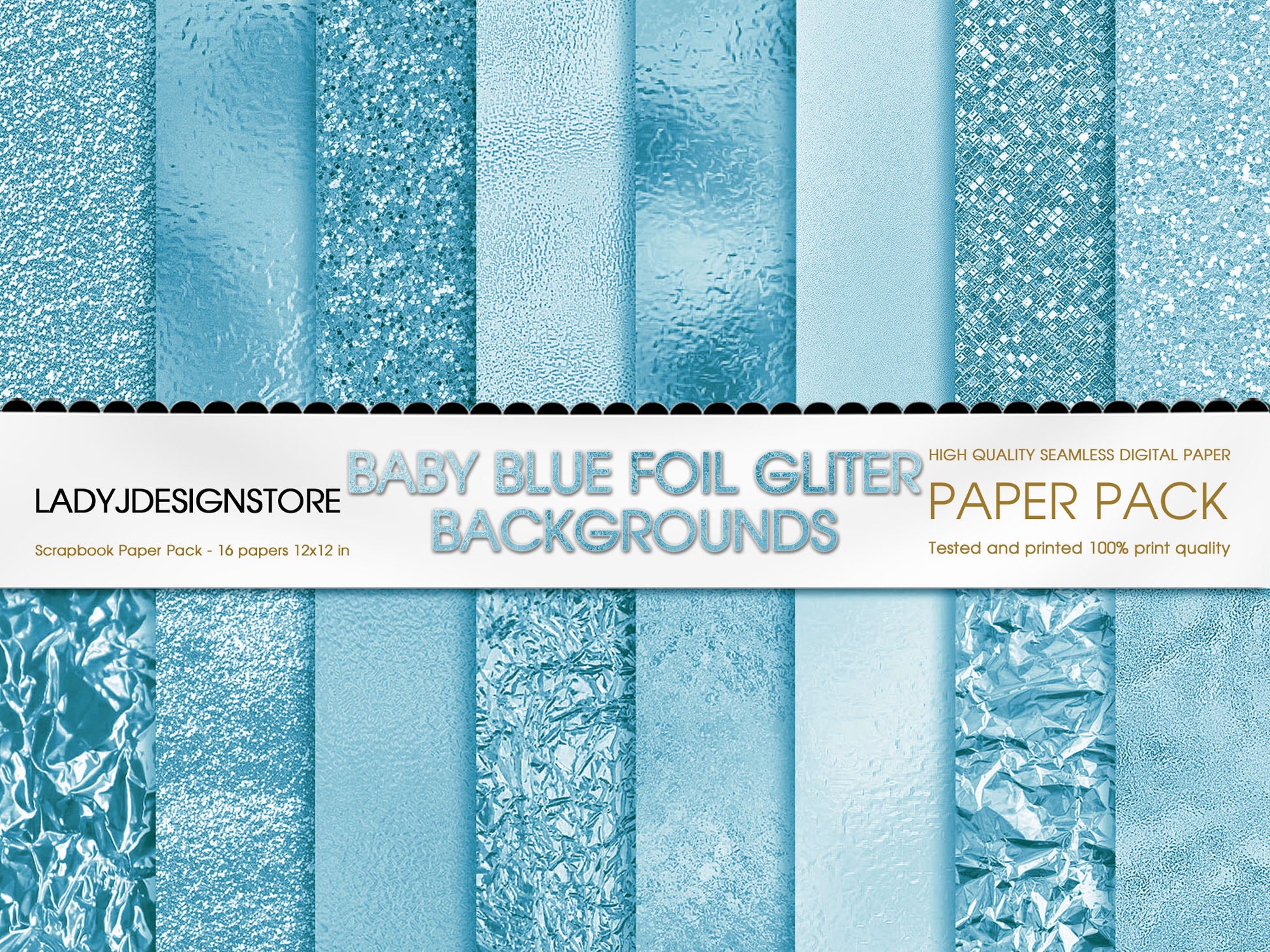 Foil Glitter Digital Paper Bundle 224 Baby Blue Seamless Digital Papers Pack