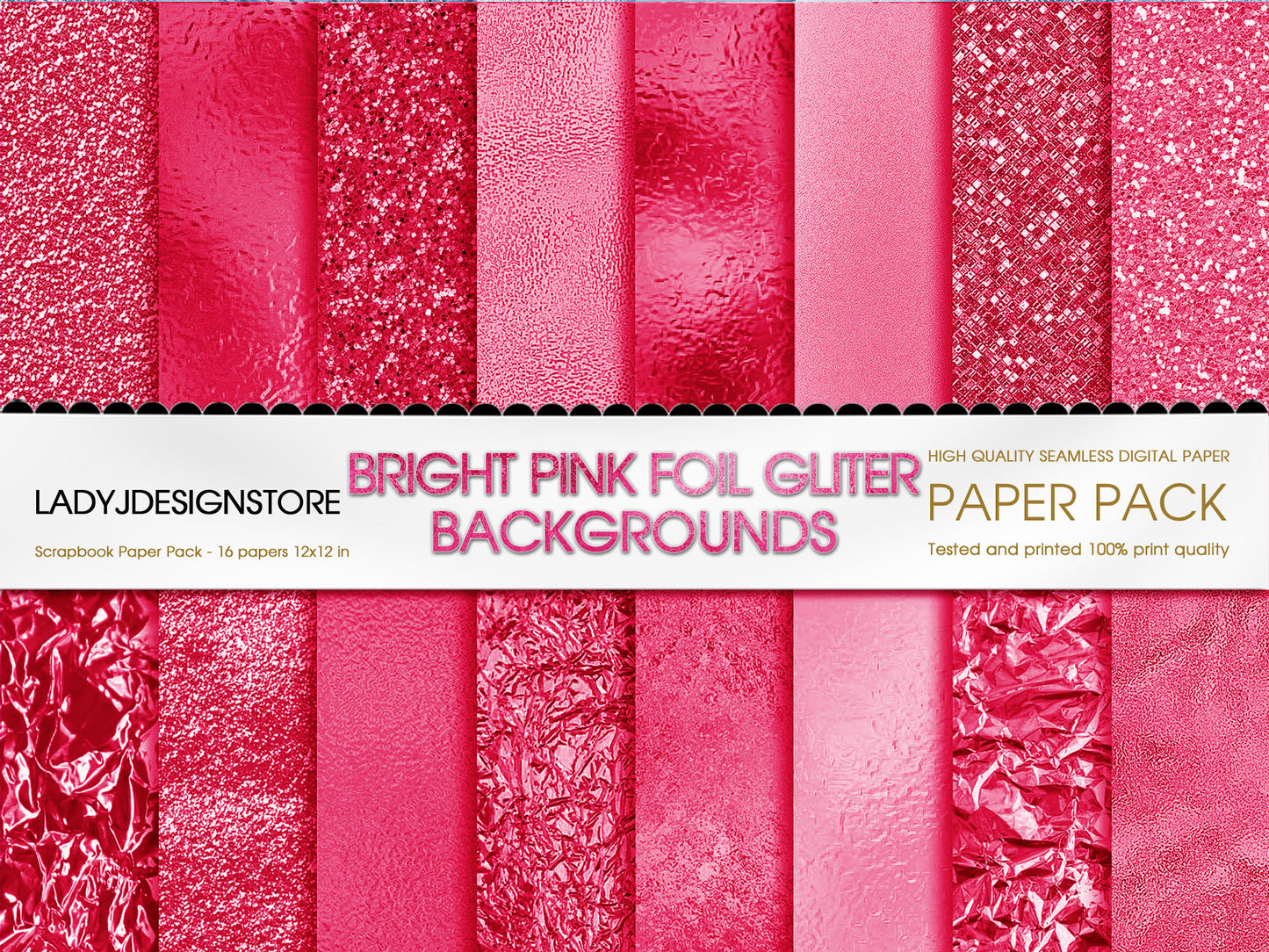 Foil Glitter Digital Paper Bundle 224 Bright Pink Seamless Digital Papers Pack