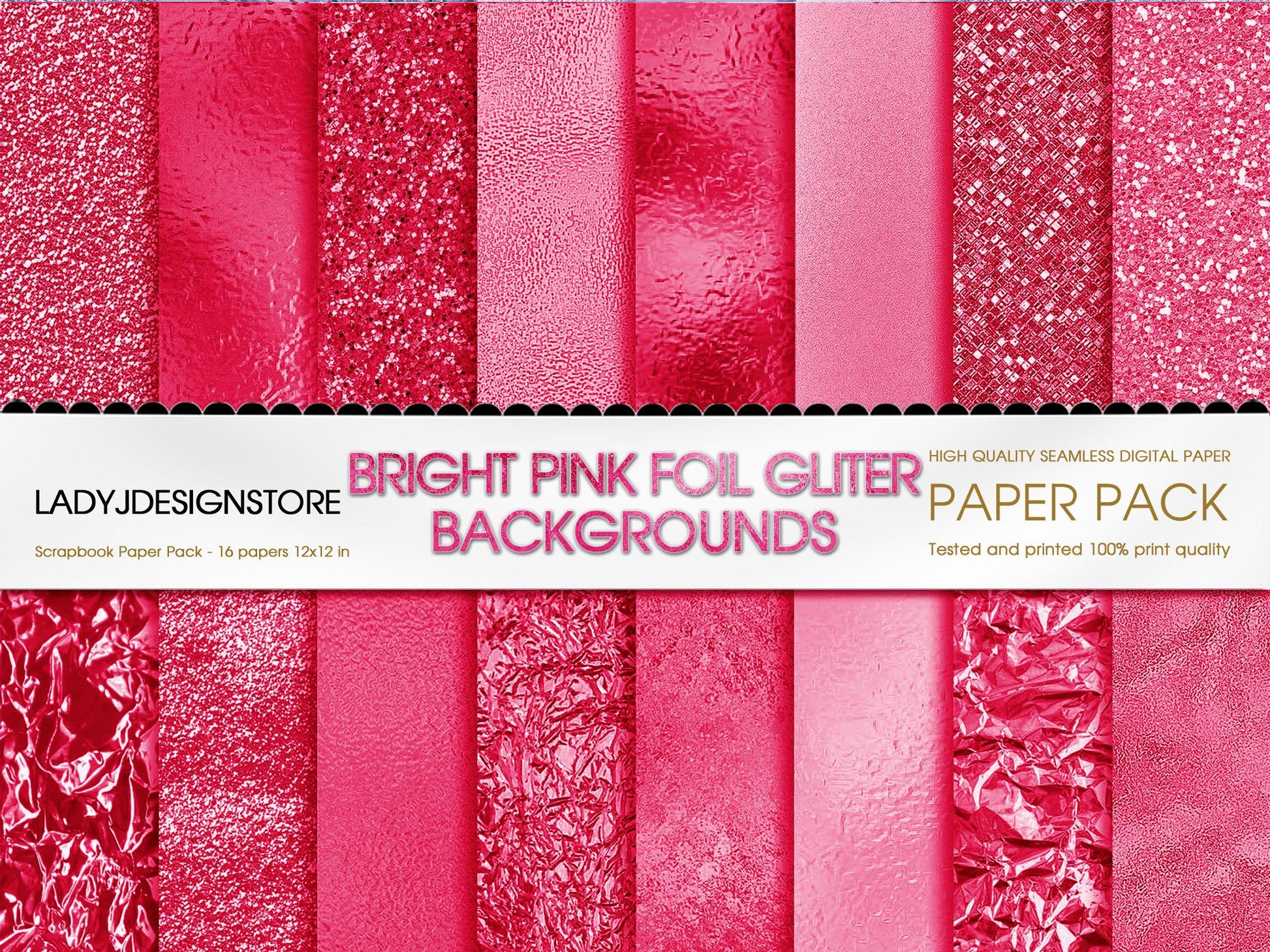 Foil Glitter Digital Paper Bundle 224 Bright Pink Seamless Digital Papers Pack