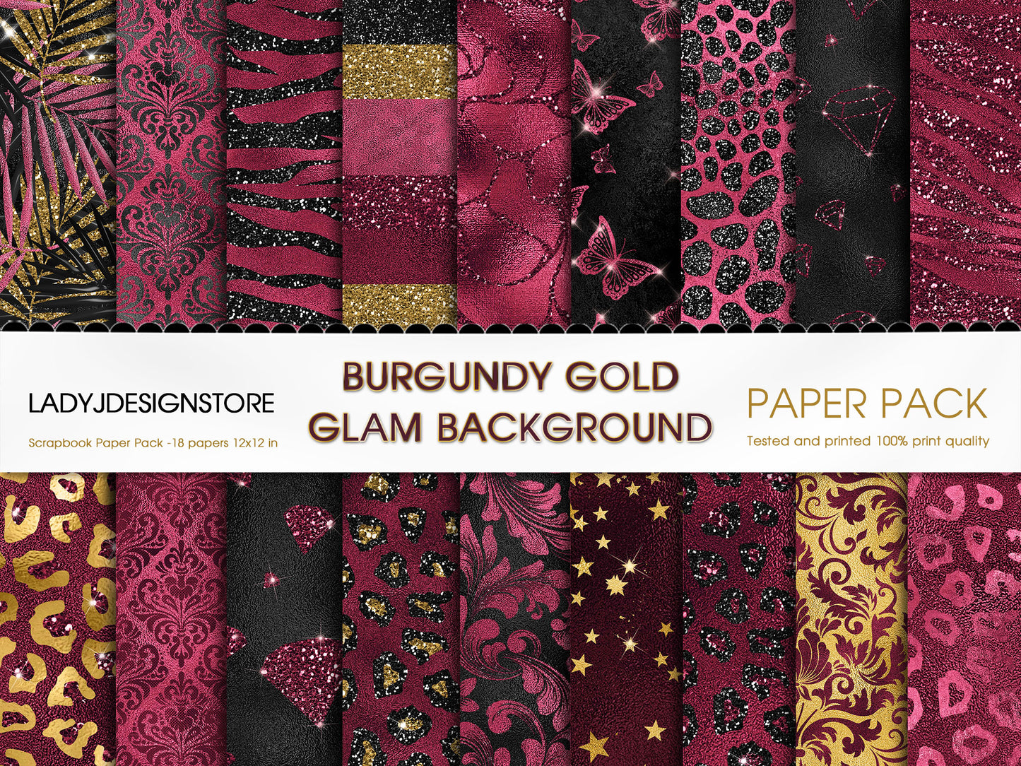 Black and Burgundy Glam Digital Paper  – Luxury Burgundy Gold Glitter Backgrounds