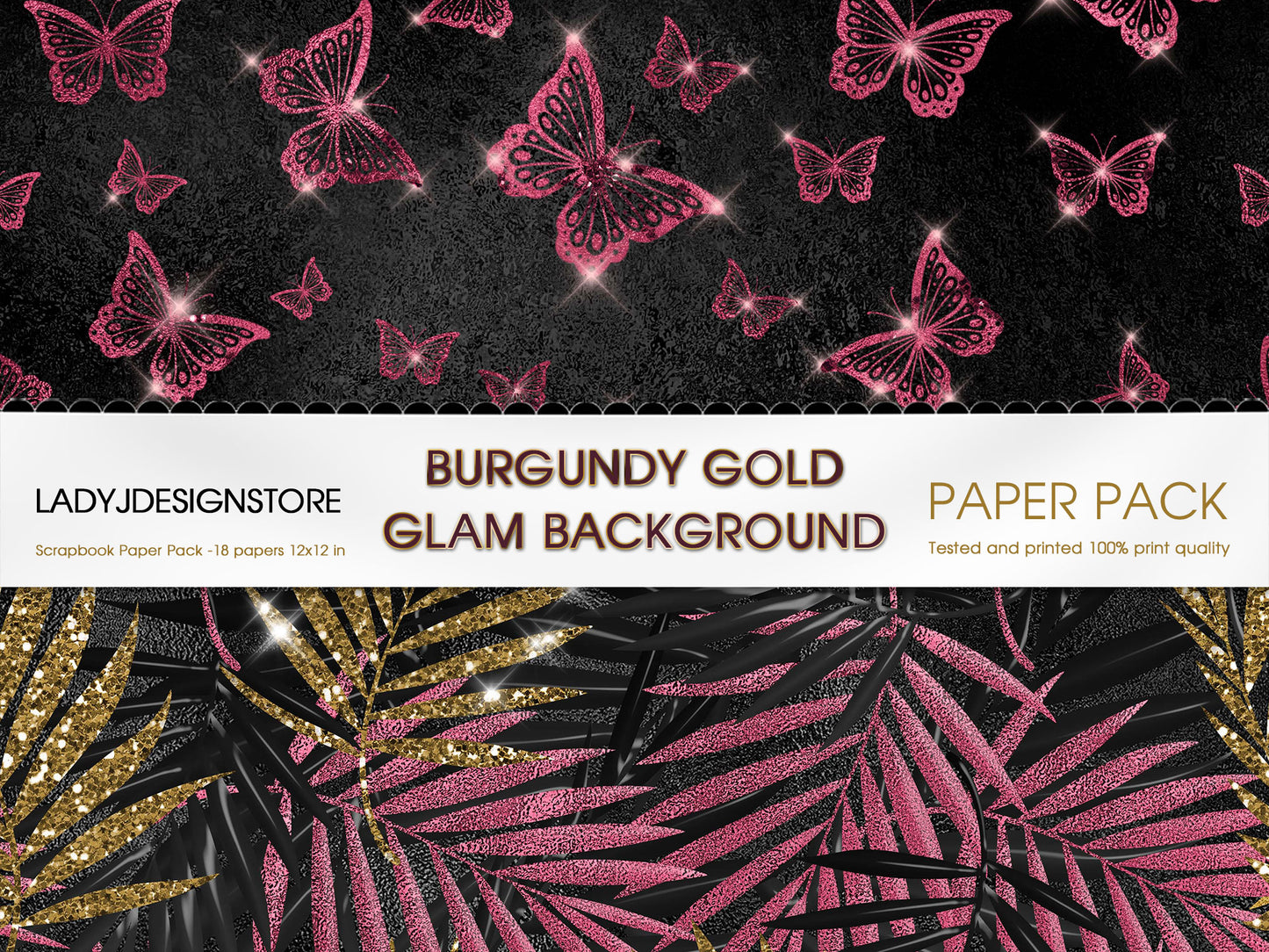 Black and Burgundy Glam Digital Paper  – Luxury Burgundy Gold Glitter Backgrounds