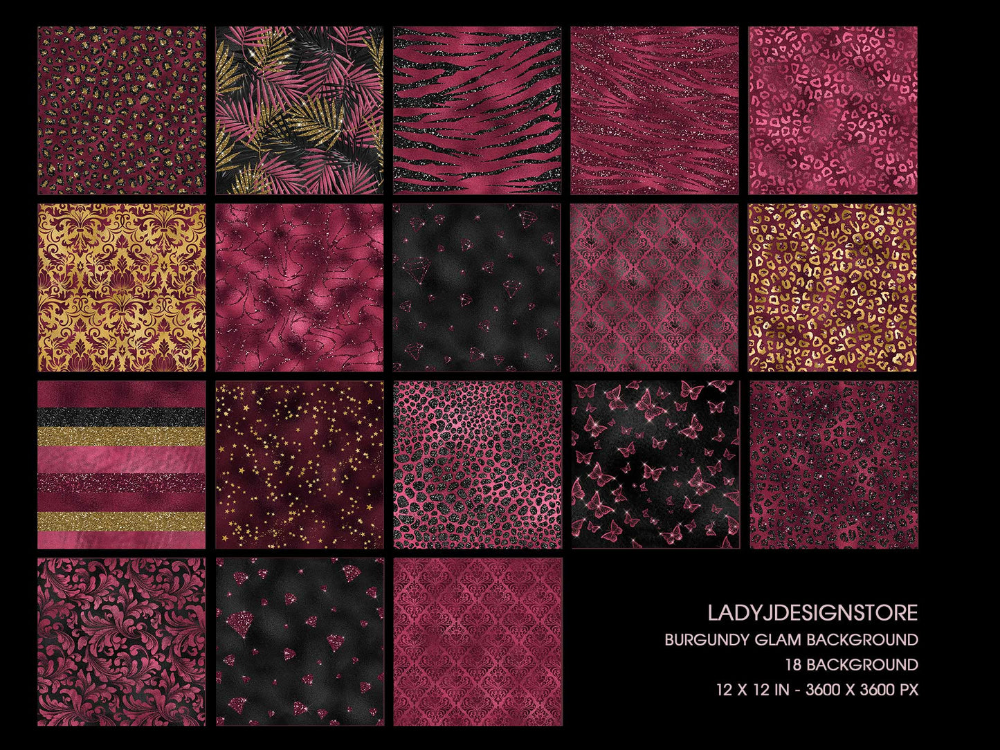Black and Burgundy Glam Digital Paper  – Luxury Burgundy Gold Glitter Backgrounds