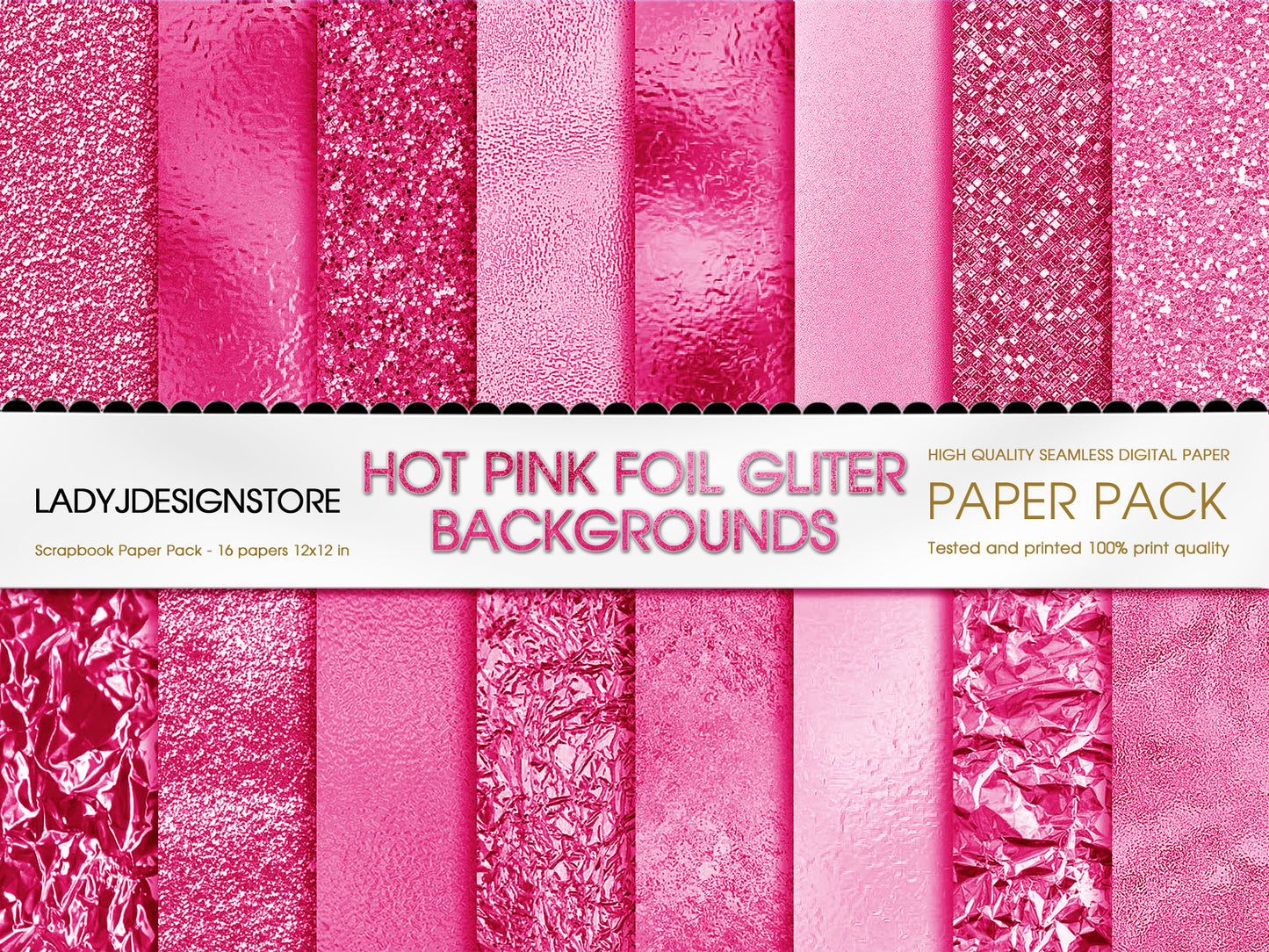 Foil Glitter Digital Paper Bundle 224 Hot Pink Seamless Digital Papers Pack