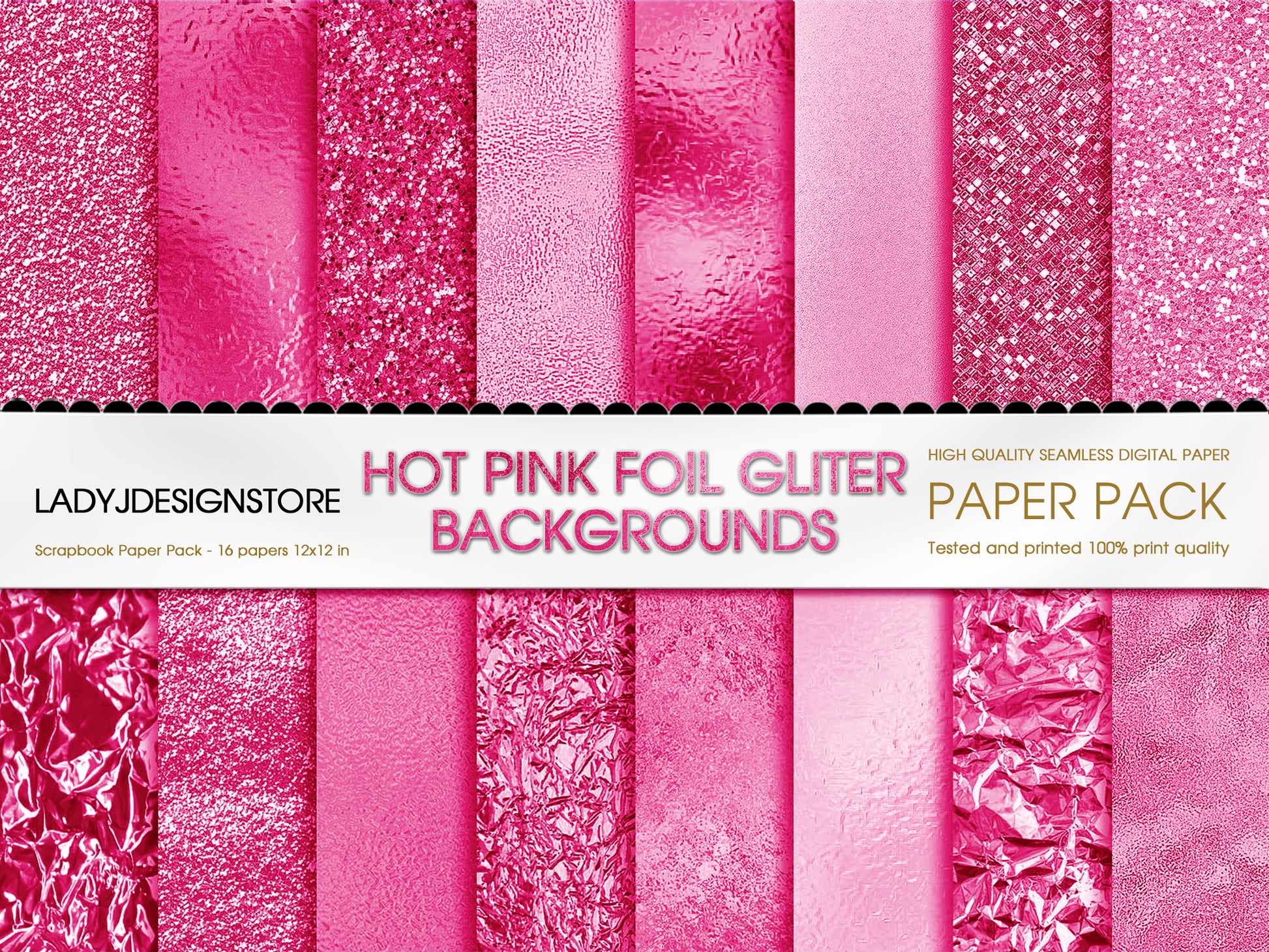 Foil Glitter Digital Paper Bundle 224 Hot Pink Seamless Digital Papers Pack