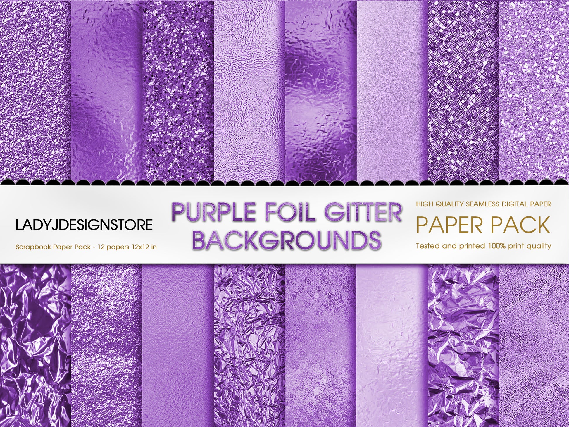 Foil Glitter Digital Paper Bundle 224 Purple lilac Seamless Digital Papers Pack