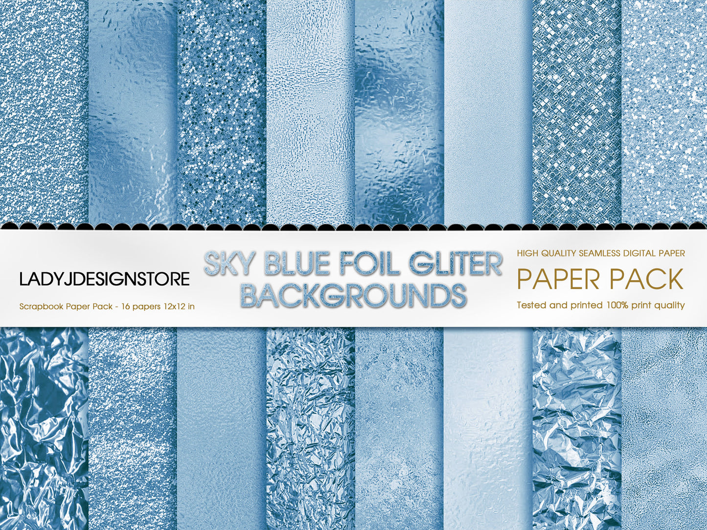 Foil Glitter Digital Paper Bundle 224  Sky Blue Seamless Digital Papers Pack