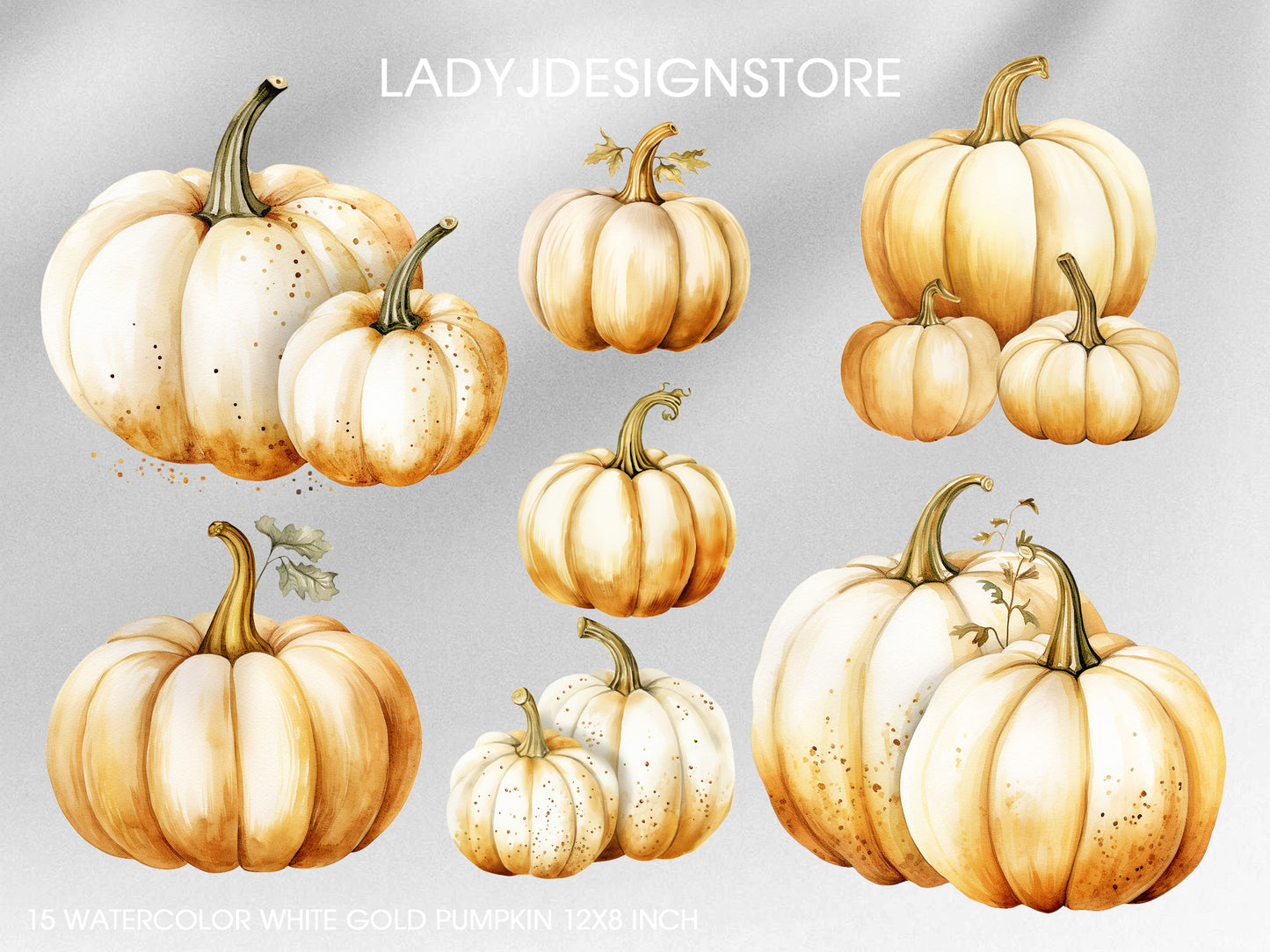Watercolor White Gold Pumpkin Clip Art | Elegant Glitter Gold Pumpkins PNG Set for Fall, Halloween, Thanksgiving – LadyJDesignStore