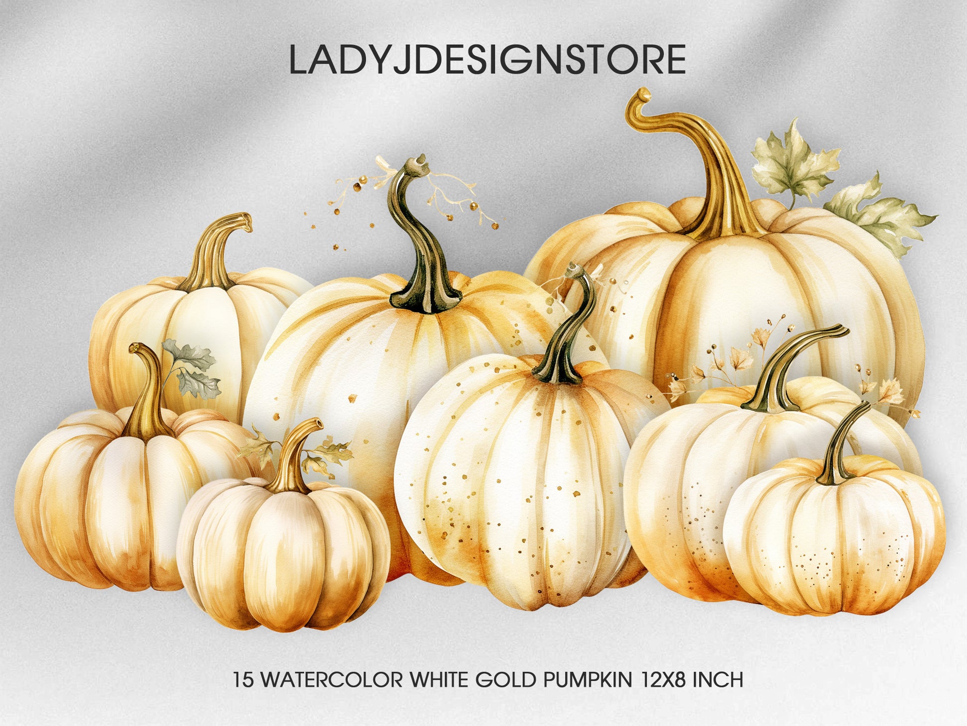 Watercolor White Gold Pumpkin Clip Art | Elegant Glitter Gold Pumpkins PNG Set for Fall, Halloween, Thanksgiving – LadyJDesignStore