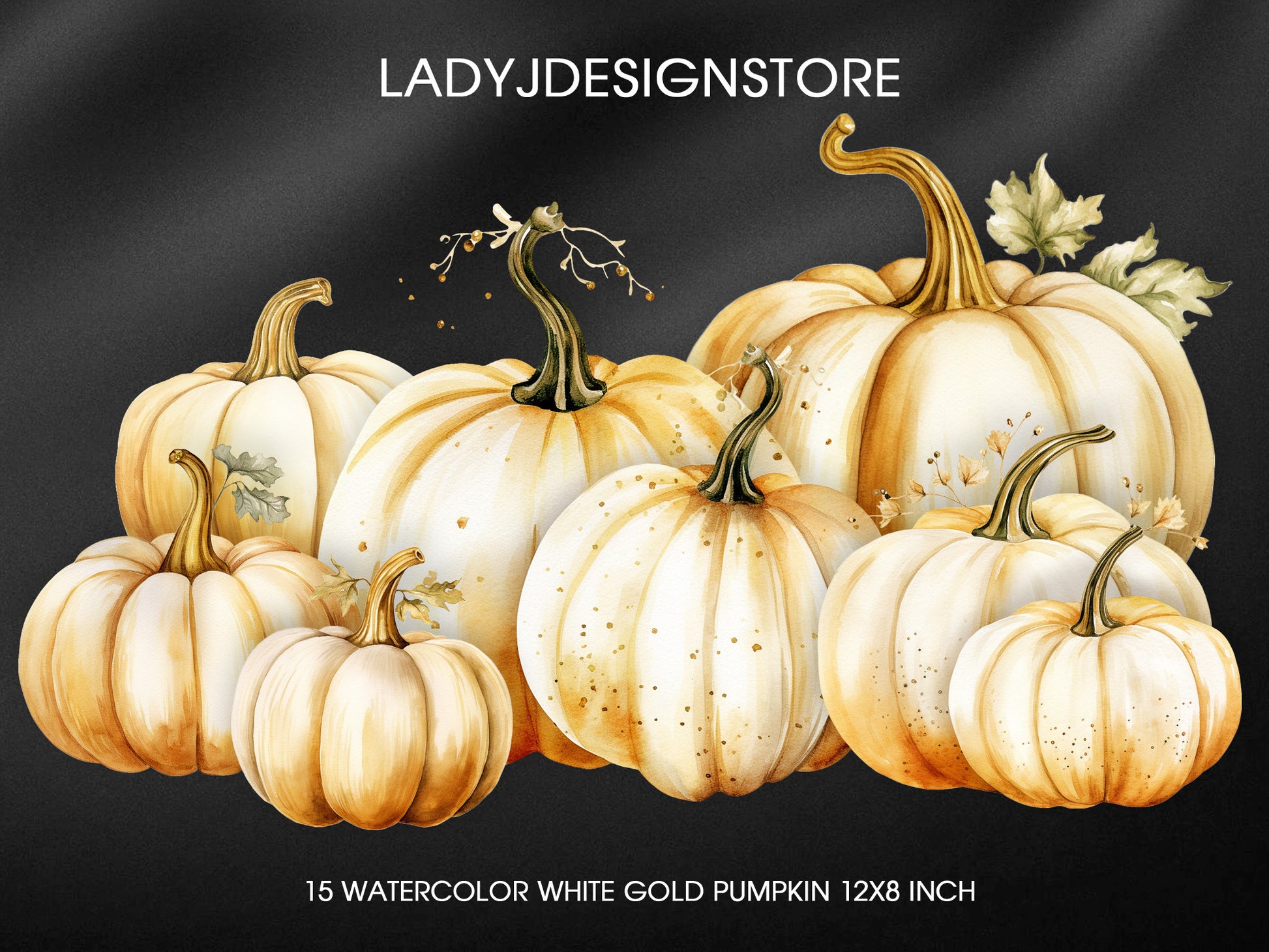 Watercolor White Gold Pumpkin Clip Art | Elegant Glitter Gold Pumpkins PNG Set for Fall, Halloween, Thanksgiving – LadyJDesignStore