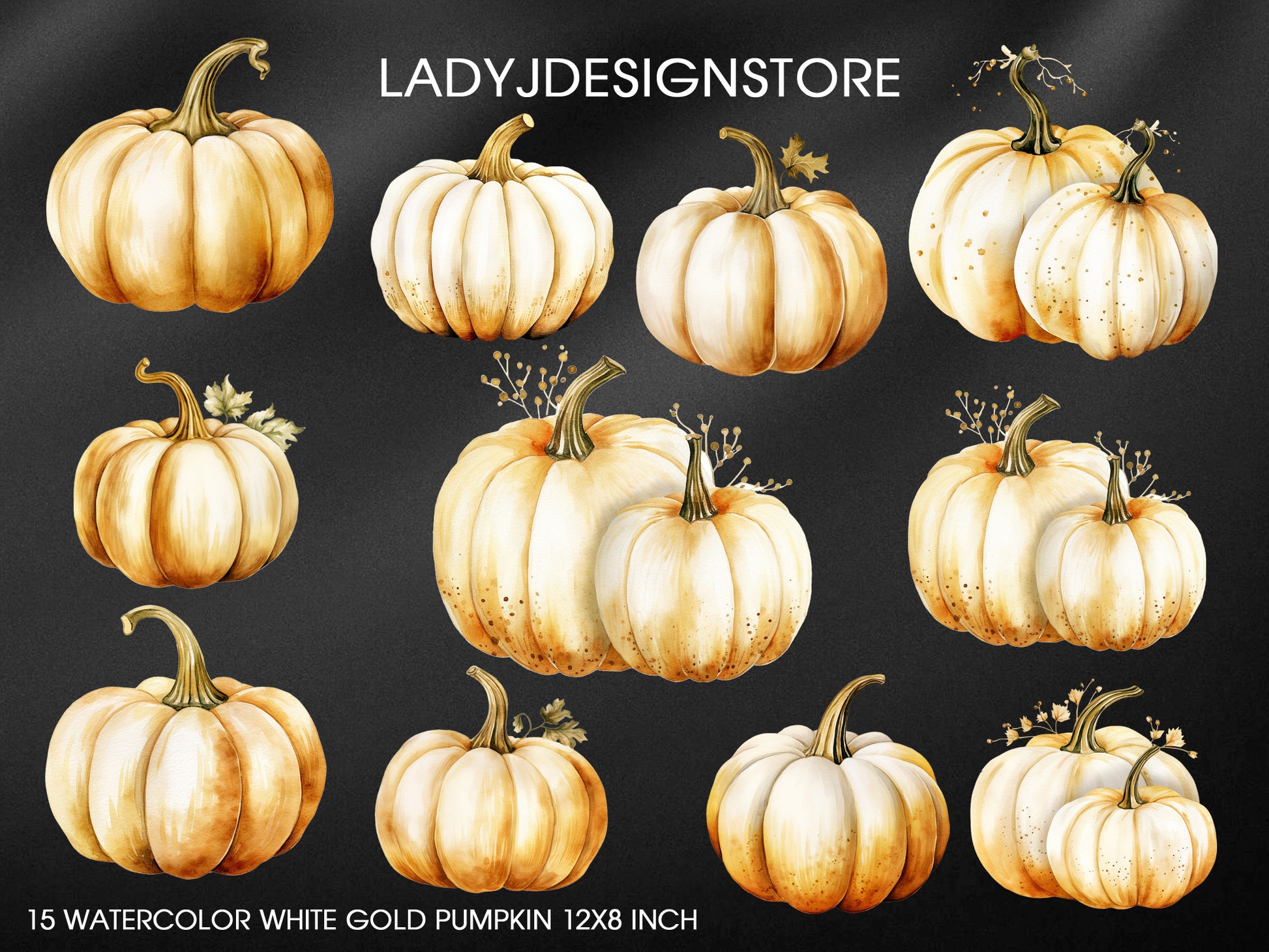 Watercolor White Gold Pumpkin Clip Art | Elegant Glitter Gold Pumpkins PNG Set for Fall, Halloween, Thanksgiving – LadyJDesignStore