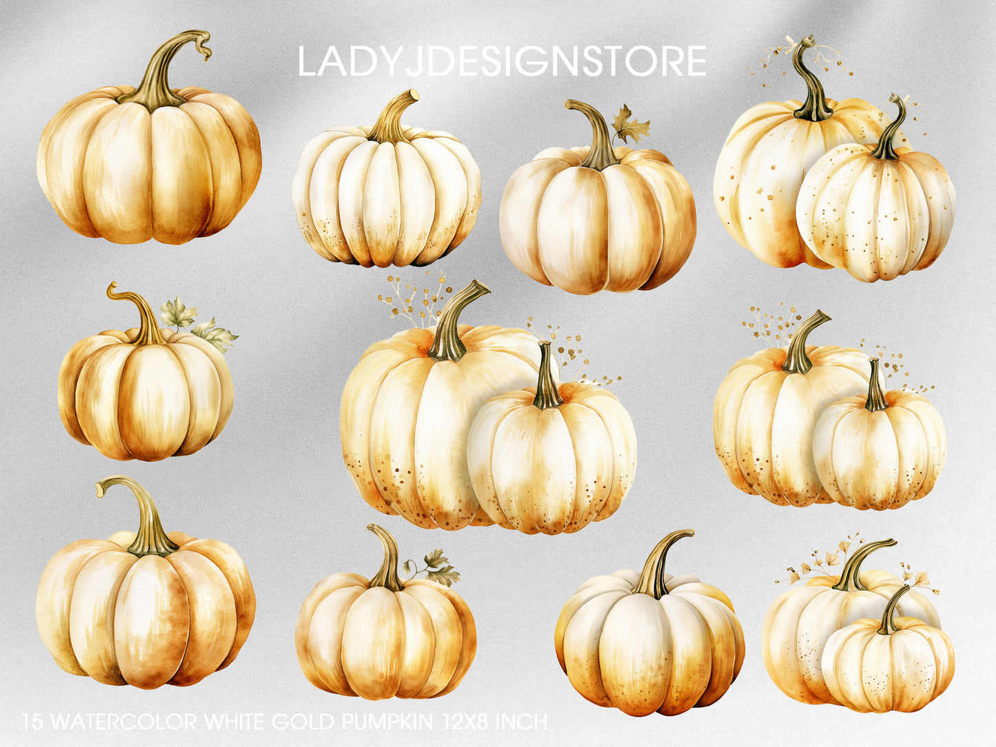 Watercolor White Gold Pumpkin Clip Art | Elegant Glitter Gold Pumpkins PNG Set for Fall, Halloween, Thanksgiving – LadyJDesignStore