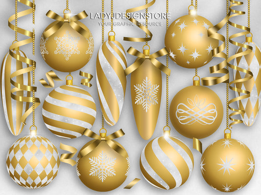 Gold and White Christmas Ornaments Clipart | Elegant Gold Baubles PNG | Digital Christmas Decorations