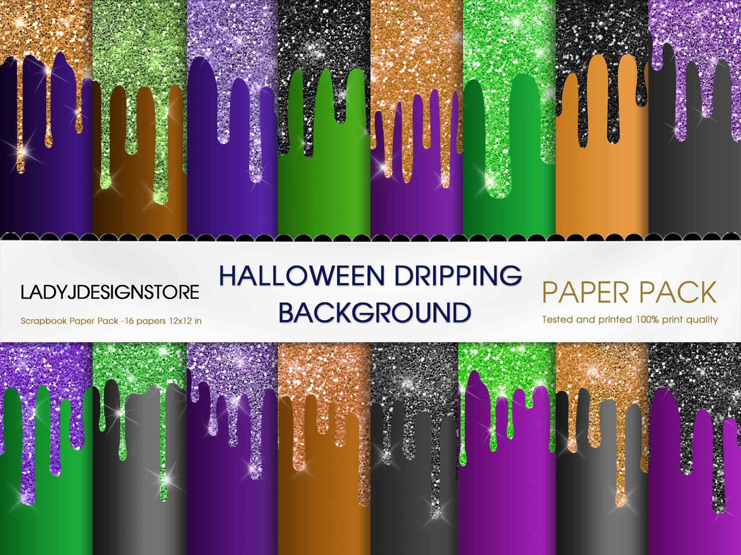 Sparkly Halloween Dripping Foil Digital Paper Pack | Gold Green Purple Glitter Drip Textures for Halloween Crafts & Invitations – LadyJDesignStore