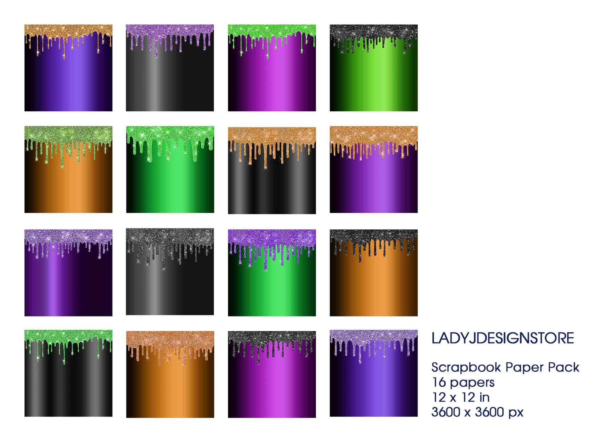 Sparkly Halloween Dripping Foil Digital Paper Pack | Gold Green Purple Glitter Drip Textures for Halloween Crafts & Invitations – LadyJDesignStore